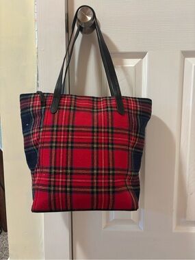 J Jill Red Plaid Tote Bag with Black Handles